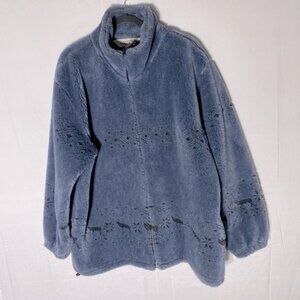 Vintage Coastlines Blue Sherpa Fleece W Horses Mock Neck Zip Front Sweater L